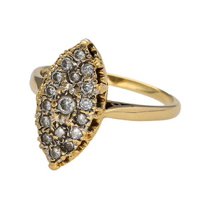 Preowned 18ct Yellow Gold & Diamond Pave Set Marquise Shape Ring in size S with the weight 5.80 grams. There are seventeen Diamonds in total in the ring at approximately 20pt of Diamond content