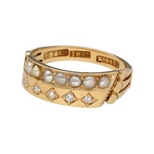 Load image into Gallery viewer, Preowned 18ct Yellow Gold Diamond &amp; Seed Pearl Set Double Row Band Ring in size O with the weight 3.70 grams. The band is 7mm wide at the front and the seed pearls are approximately 2mm diameter each
