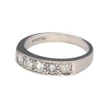 Load image into Gallery viewer, Preowned 18ct White Gold &amp; Diamond Set Band Ring in size N with the weight 5.50 grams. The ring is made up with five brilliant cut Diamonds with a total of approximately 75pt of Diamond content. The band is 4mm wide at the front 
