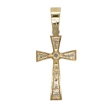 Load image into Gallery viewer, New 9ct Yellow and White Gold &amp; Cubic Zirconia Set Cross Pendant with the weight 12.80 grams. The center cubic zirconia stone is 5mm diameter and the pedant is 6.8cm long including the bail by 3cm
