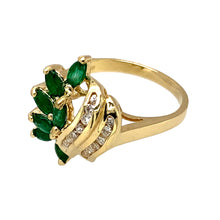 Load image into Gallery viewer, Preowned 14ct Yellow Gold Diamond &amp; Emerald Set Dress Ring in size I with the weight 3.20 grams. The front of the ring is 17mm high and the emerald stones are each approximately 4mm by 2mm
