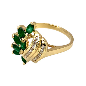 Preowned 14ct Yellow Gold Diamond & Emerald Set Dress Ring in size I with the weight 3.20 grams. The front of the ring is 17mm high and the emerald stones are each approximately 4mm by 2mm