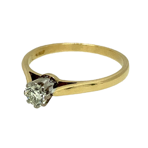 Preowned 18ct Yellow Gold & Diamond Solitaire Ring in size J with the weight 1.90 grams. The Diamond is approximately 25pt at approximate clarity VS2 - Si1 and coloru L 