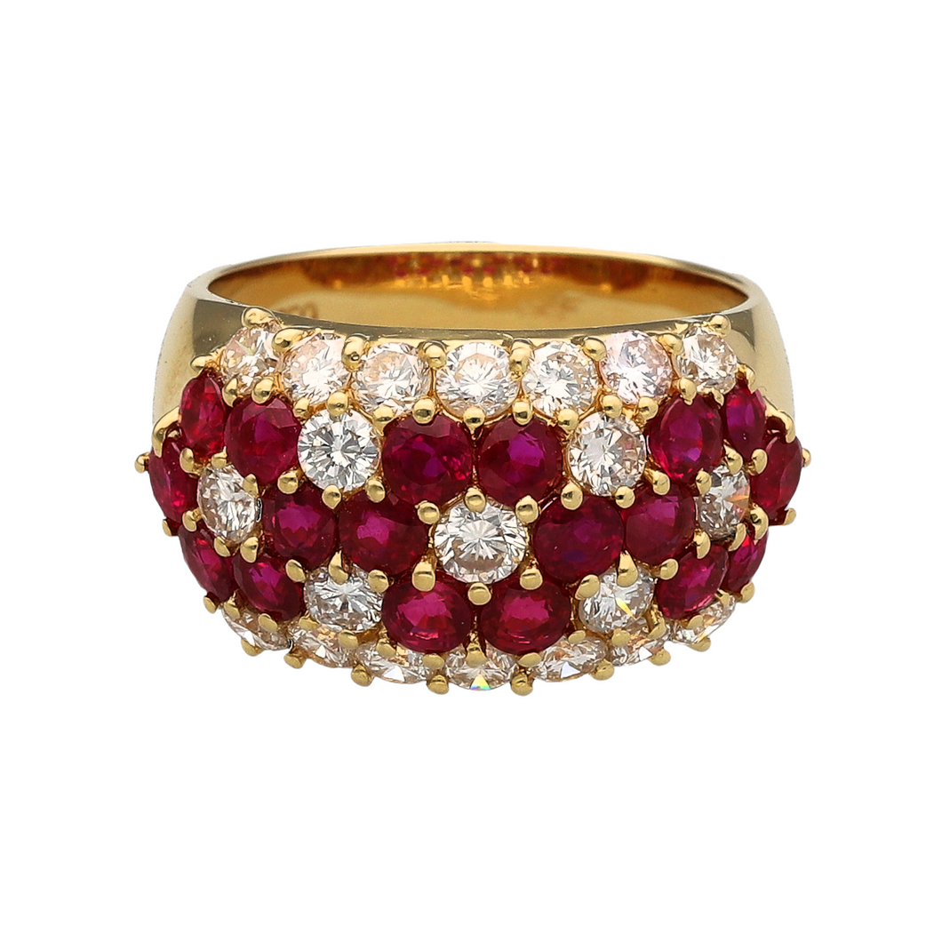 18ct Gold Diamond & Ruby Set Flower Patterned Wide Band Ring