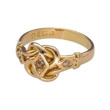 Load image into Gallery viewer, Preowned 18ct Yellow Gold &amp; Diamond Chester Hallmark Antique Knot Ring in size V with the weight 6.80 grams. The ring is possibly from the early 1900&#39;s and the Lovers Knot was a popular design in Victorian times during World War One. The front of the ring is 11mm high
