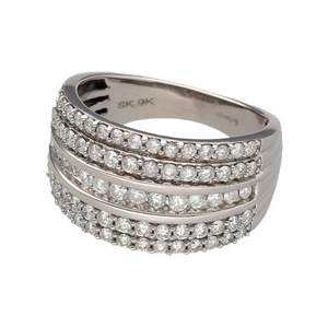 New 9ct White Gold & Diamond Five Row Band Ring in size M with the weight 5.30 grams. There is approximately 1ct of Diamonds set in the ring in total. The front of the ring is 12mm wide and taper down to 3mm at the back. Other sizes available, enquire in the contact page