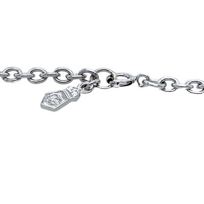 Preowned 925 Silver with 9ct Rose Gold Clogau Royal Oak 7.5" Bracelet set with three 1.5mm diameter Peridot stones. The bracelet has the weight 8.3mm and link width 2mm. The charms are between 6mm and 10mm long
