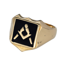 Load image into Gallery viewer, New 9ct Yellow Gold Shield Masonic Signet Ring in size Y with the weight 11.80 grams. The front of the ring is 19mm high and taper down to 4mm at the back. The blue masonic symbol is 12mm by 12mm
