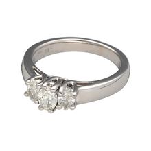 Load image into Gallery viewer, Preowned 14ct White Gold &amp; Diamond Oval Cut Trilogy Ring in size N with the weight 5.50 grams. There is approximately 72pt of Diamond content in total at approximate clarity Si1 and colour M - N
