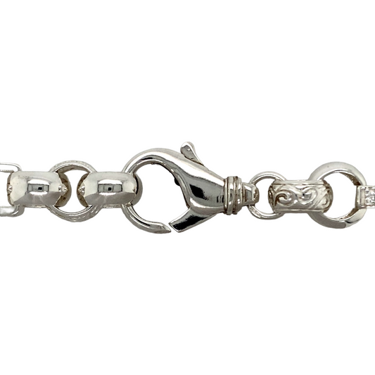 New 925 Silver & Cubic Zirconia set 28" Gypsy Link Chain with the weight 156 grams and link width 13mm. The belcher links are alternating in plain and engraved with a Celtic style pattern. The bar links are set with six cubic zirconia stones each