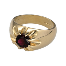 Load image into Gallery viewer, New 9ct Solid Yellow Gold &amp; Garnet Set Signet Ring in size X with the weight 15.60 grams. The front of the ring is 15mm high and the garnet stone is 8mm diameter
