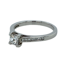 Load image into Gallery viewer, New 18ct White Princess Cut 41pt Diamond Solitaire Ring with Diamond set shoulders, colour F and Diamond grade S2. This ring is size M with the weight 3.20 grams
