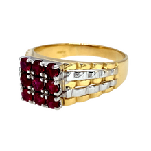 Load image into Gallery viewer, Preowned 18ct Yellow and White Gold &amp; Ruby Set Watch Style Ring in size Z+4 with the weight 11.70 grams. The front of the ring is 11mm high and the ruby stones are each approximately 3.5mm diameter
