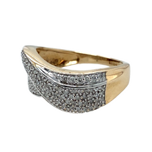 Load image into Gallery viewer, Preowned 9ct Yellow and White Gold &amp; Diamond Set Crossover Ring in size M with the weight 3.70 grams. The front of the band is between 5mm to 9mm wide
