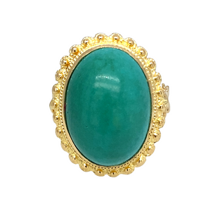 Preowned 18ct Yellow Gold & Turquoise Coloured Cabochon Set Dress Ring in size N with the weight 7.70 grams. The stone is 19mm by 15mm