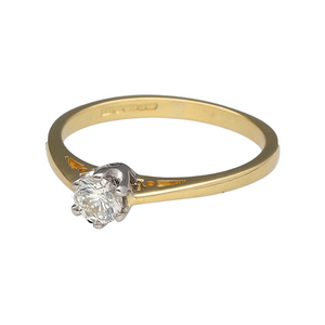 Preowned 18ct Yellow and White Gold & 25pt Diamond Set Solitaire Ring in size L with the weight 2.20 grams. The Diamond is approximately 25pt with approximate clarity VS2 - Si1 and colour J - K