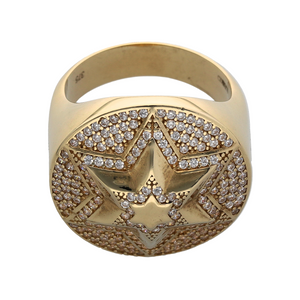 New 9ct Yellow Gold & Cubic Zirconia Set Star Ring in size T with the weight 10.60 grams. The front of the ring is 25mm high