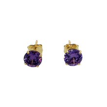 Load image into Gallery viewer, New 9ct Yellow Gold February Birthstone Stud Earrings with the weight 0.50 grams. The earrings are set with a synthetic amethyst stone which is 5mm diameter
