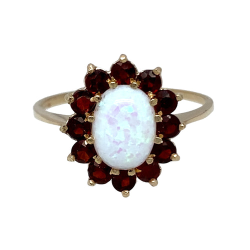 New 9ct Gold & Created Opal & Red Stone Flower Cluster Ring