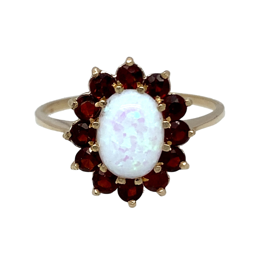 New 9ct Gold & Created Opal & Red Stone Flower Cluster Ring