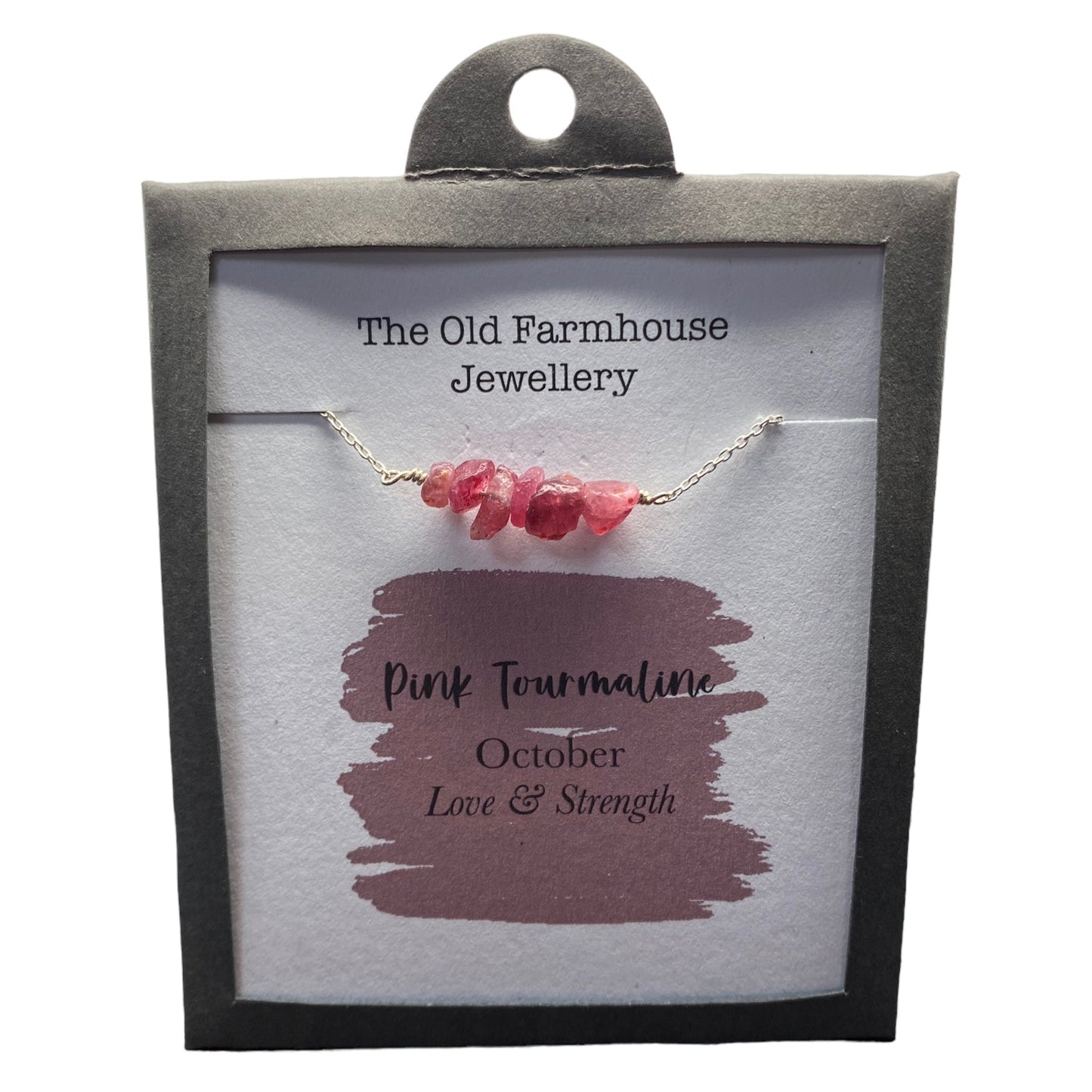 New 925 Silver & Pink Tourmaline Set October Birthstone 18" Necklace with the approximate weight 3.40 grams. The necklace contains approximately six or seven gemstones and the link width of the chain is 1mm. Pink Tourmaline is the birthstone for the month of October and is said to bring love and strength to the wearer