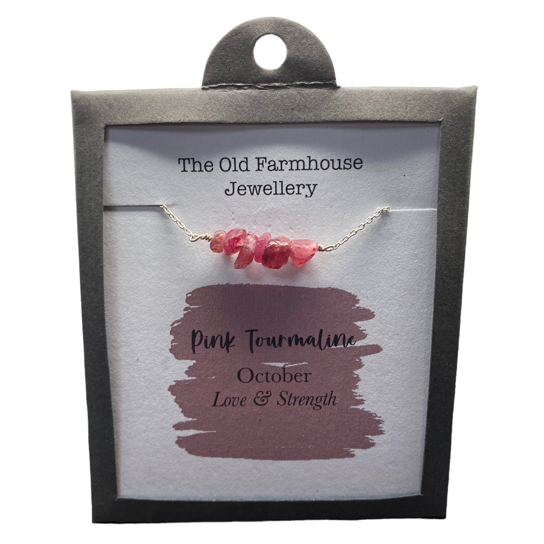 New 925 Silver & Pink Tourmaline Set October Birthstone 18" Necklace with the approximate weight 3.40 grams. The necklace contains approximately six or seven gemstones and the link width of the chain is 1mm. Pink Tourmaline is the birthstone for the month of October and is said to bring love and strength to the wearer