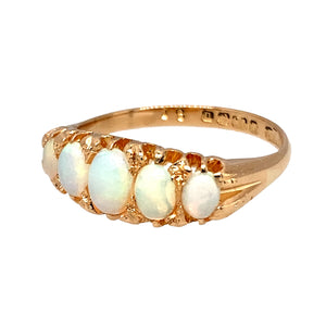 Preowned 18ct Yellow Gold & Opal Five Stone Ring in size O with the weight 4.20 grams. The center opal stone is 6mm by 4mm and they go down in graduating size