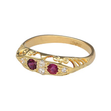 Load image into Gallery viewer, Preowned 18ct Yellow Gold Diamond &amp; Ruby Antique Style Ring in size O with the weight 2.90 grams. The ruby stones are each 3mm diameter
