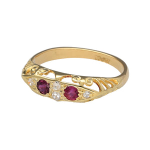 Preowned 18ct Yellow Gold Diamond & Ruby Antique Style Ring in size O with the weight 2.90 grams. The ruby stones are each 3mm diameter