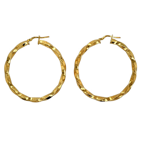 New 925 Silver Heavily 9ct Gold Plated Greek Key Patterned Hoop Creole Earrings