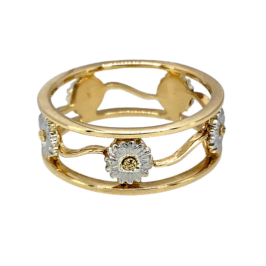 Preowned 9ct Yellow and White Gold Clogau Daisy Band Ring in size S with the weight 4.80 grams. The band is 8mm wide