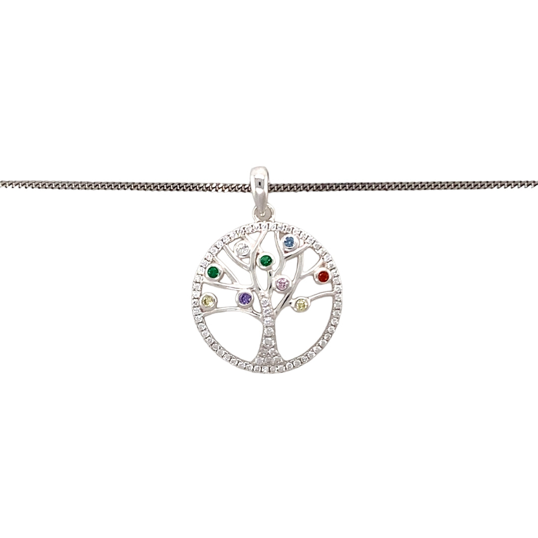 New 925 Silver & Stone Set Tree of Life Pendant on an 18" curb chain with the weight 4.30 grams. The pendant contains cubic zirconia stones as well as red, purple, yellow, pink, blue and green coloured stones. The pendant is 2.8cm long including the bail