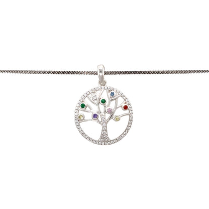 New 925 Silver & Stone Set Tree of Life Pendant on an 18" curb chain with the weight 4.30 grams. The pendant contains cubic zirconia stones as well as red, purple, yellow, pink, blue and green coloured stones. The pendant is 2.8cm long including the bail