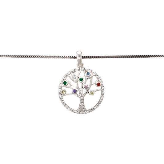 New 925 Silver & Stone Set Tree of Life Pendant on an 18" curb chain with the weight 4.30 grams. The pendant contains cubic zirconia stones as well as red, purple, yellow, pink, blue and green coloured stones. The pendant is 2.8cm long including the bail