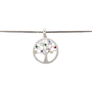 New 925 Silver & Stone Set Tree of Life Pendant on an 18" curb chain with the weight 4.30 grams. The pendant contains cubic zirconia stones as well as red, purple, yellow, pink, blue and green coloured stones. The pendant is 2.8cm long including the bail