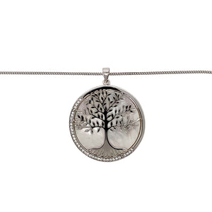 New 925 Silver & Cubic Zirconia Set Tree of Life Pendant with a mother of pearl style background on an 18" curb chain with the weight 8.20 grams. The pendant is 3.5cm long including the bail
