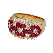 Load image into Gallery viewer, Preowned 18ct Yellow Gold Diamond &amp; Ruby Set Flower Patterned Wide Band Ring in size M with the weight 7.90 grams. The band is 11mm at the from and there is approximately 84pt - 126pt of Diamonds set in the ring. This is made up of twenty one brilliant cut Diamonds at approximate clarity Si1 - S12 and colour M - P. There are also eighteen round cut rubies at approximately 3mm diameter each
