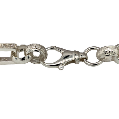 New 925 Silver & Cubic Zirconia set 9" Gypsy Link Bracelet with the weight 26.60 grams and link width 10mm. The belcher links are alternating with plain and an engraved pattern and the bar links are set with six cubic zirconia stones each