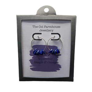 New 925 Silver & Lapis Lazuli Set September Birthstone Hoop Earrings with the approximate weight 2 grams. The earrings contain approximately six gemstone each and the diameter of the hoops are each 2cm. Lapis Lazuli is the birthstone for the month of September and is said to bring strength and courage to the wearer