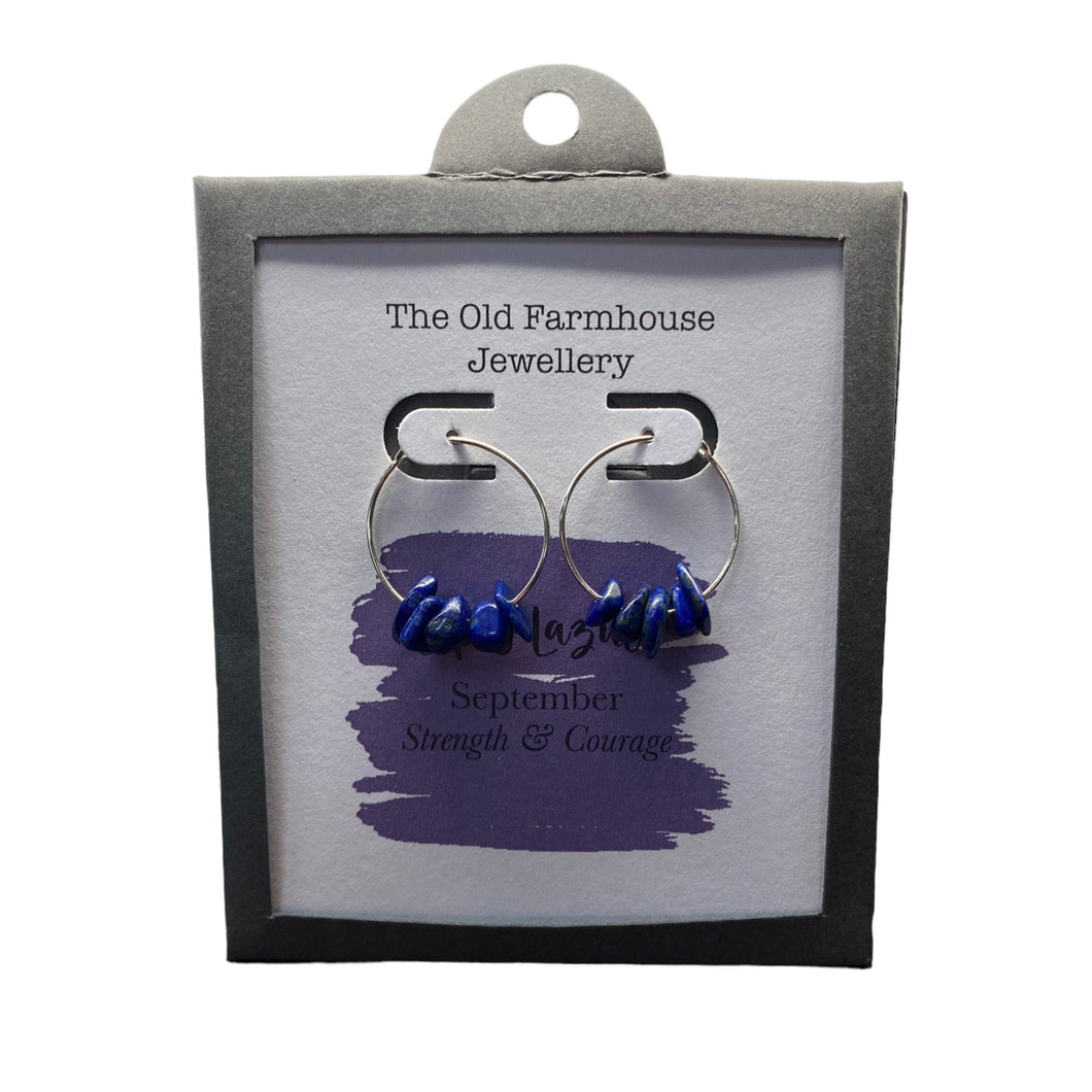 New 925 Silver & Lapis Lazuli Set September Birthstone Hoop Earrings with the approximate weight 2 grams. The earrings contain approximately six gemstone each and the diameter of the hoops are each 2cm. Lapis Lazuli is the birthstone for the month of September and is said to bring strength and courage to the wearer