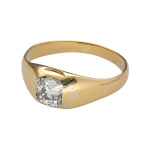 Preowned 18ct Yellow Gold & Diamond Antique Set Ring in size J with the weight 2.60 grams. The Diamond is old cut and is approximately 41pt - 51pt and is 5mm diameter. The Diamond is a beautiful clear rubover stone which is from approximately the late Victorian era 