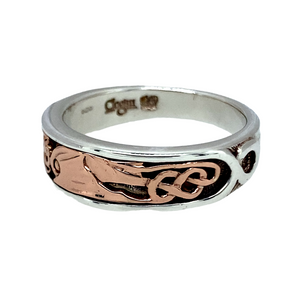 Preowned 925 Silver with 9ct Rose Gold Clogau Dragon Wing Band Ring in size T with the weight 6.90 grams. The band is 7mm wide at the front