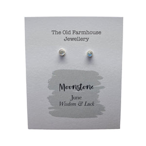 New 925 Silver & Moonstone Set June Birthstone Stud Earrings with the approximate weight 0.50 grams. The gemstone is 4mm diameter and the back of the stud is 9mm long, held in place with a butterfly back. Moonstone is the birthstone for the month of June and is said to bring wisdom and luck to the wearer