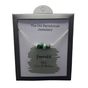 New 925 Silver & Emerald Set May Birthstone 18" Necklace with the approximate weight 3.40 grams. The necklace contains approximately six or seven gemstones and the link width of the chain is 1mm. Emerald is the birthstone for the month of May and is said to bring love and balance to the wearer