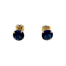 Load image into Gallery viewer, New 9ct Yellow Gold September Birthstone Stud Earrings with the weight 0.50 grams. The earrings are set with a synthetic sapphire stone which is 5mm diameter
