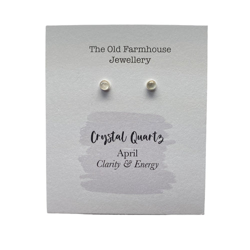 New 925 Silver & Crystal Quartz Set April Birthstone Stud Earrings with the approximate weight 0.50 grams. The gemstone is 4mm diameter and the back of the stud is 9mm long, held in place with a butterfly back. Crystal Quartz is the birthstone for the month of April and is said to bring clarity and positive energy to the wearer