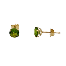 Load image into Gallery viewer, New 9ct Yellow Gold August Birthstone Stud Earrings with the weight 0.50 grams. The earrings are set with a synthetic peridot stone which is 5mm diameterNew 9ct Gold August Birthstone Stud Earrings
