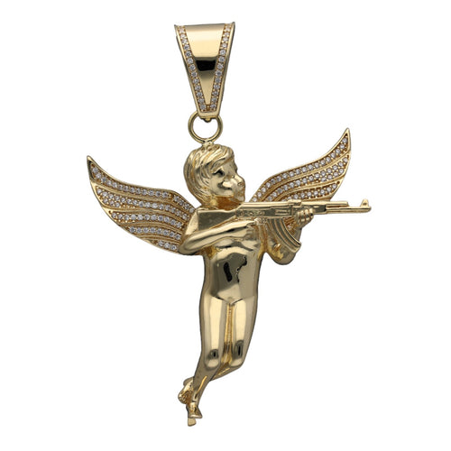 New 9ct Gold & Cubic Zirconia Set Angel with Gun Pendant