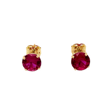Load image into Gallery viewer, New 9ct Yellow Gold July Birthstone Stud Earrings with the weight 0.50 grams. The earrings are set with a synthetic ruby stone which is 5mm diameter
