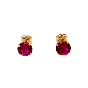 New 9ct Yellow Gold July Birthstone Stud Earrings with the weight 0.50 grams. The earrings are set with a synthetic ruby stone which is 5mm diameter